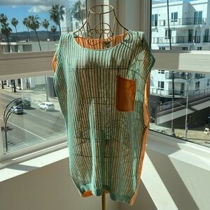 Boho Chic Loose Fit Knitted Crochet Sweater – Mint Green & Orange